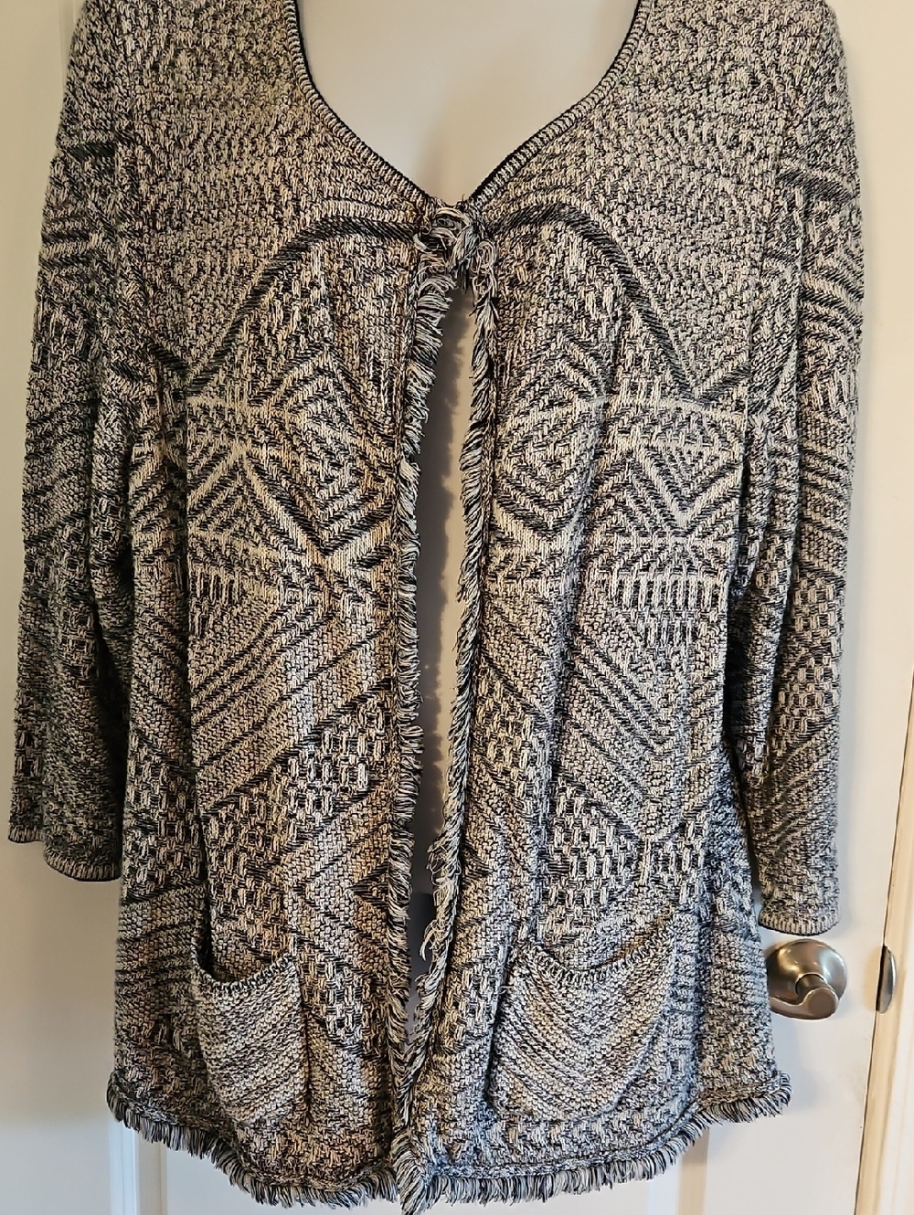 Catherines Black and White Fringe Open-Front Cardigan